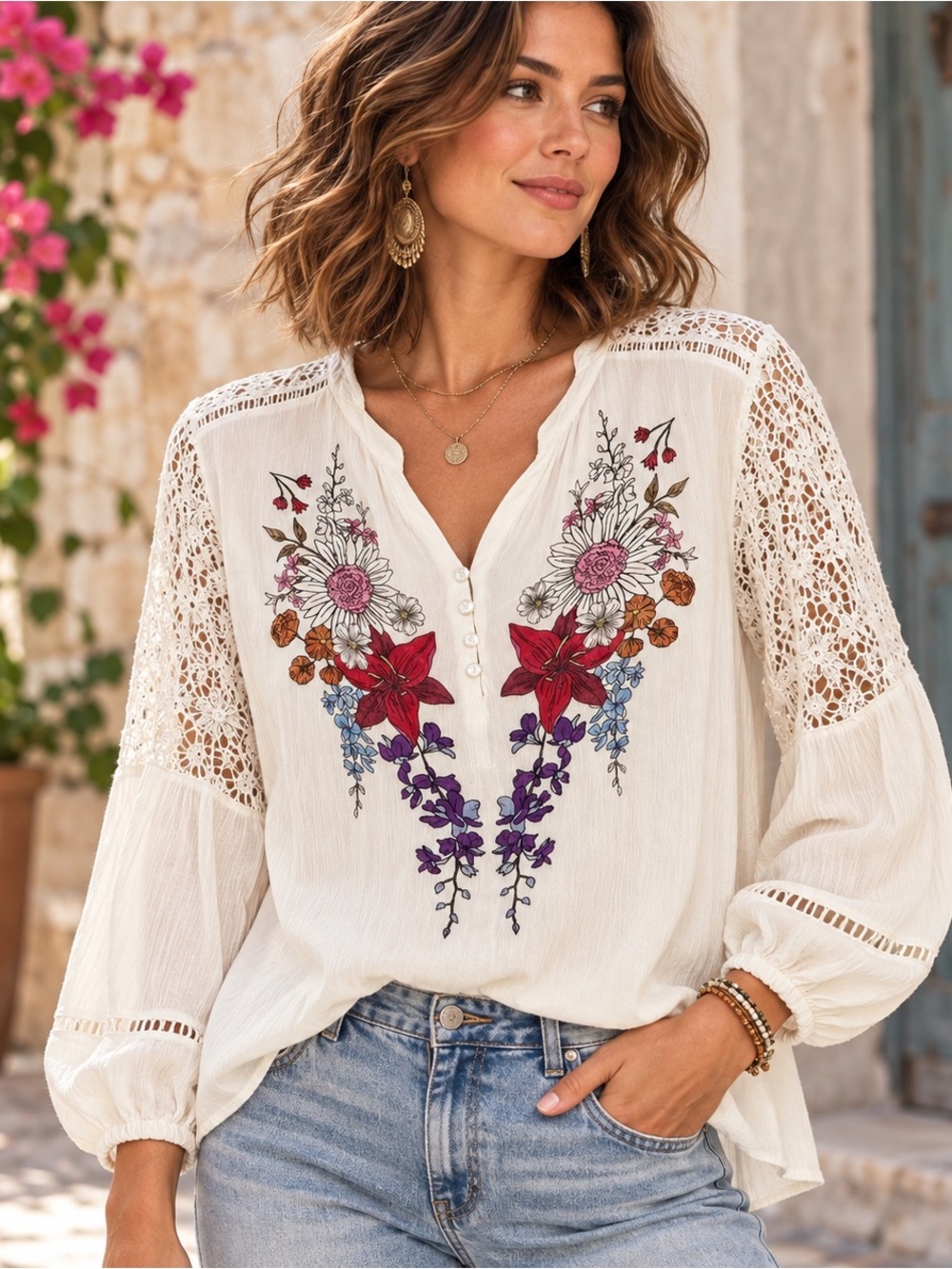 Desigual Floral Lace White Blouse XL Crinkle Viscose Boho